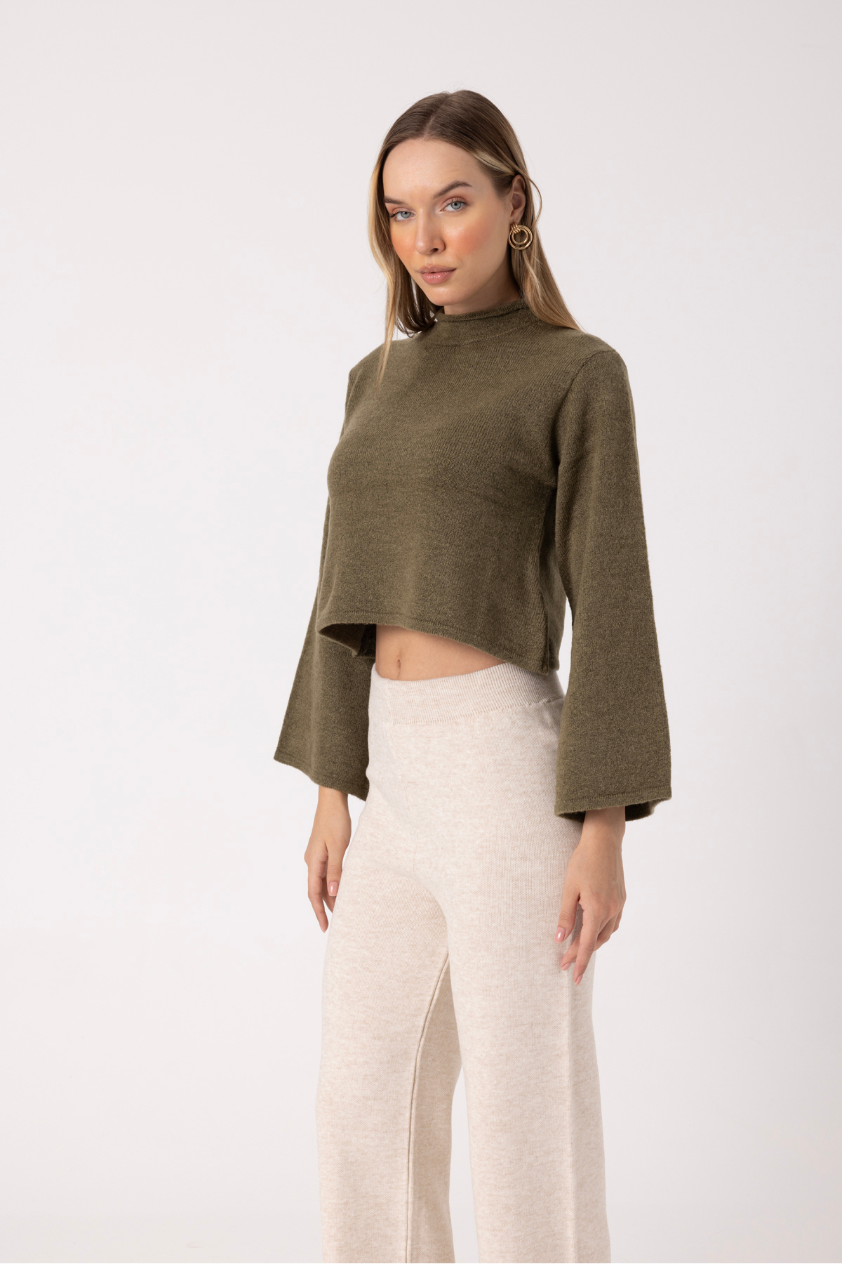 Picture of Bell Sleeve Soft Textured Mock Neck Crop Women’s Sweater