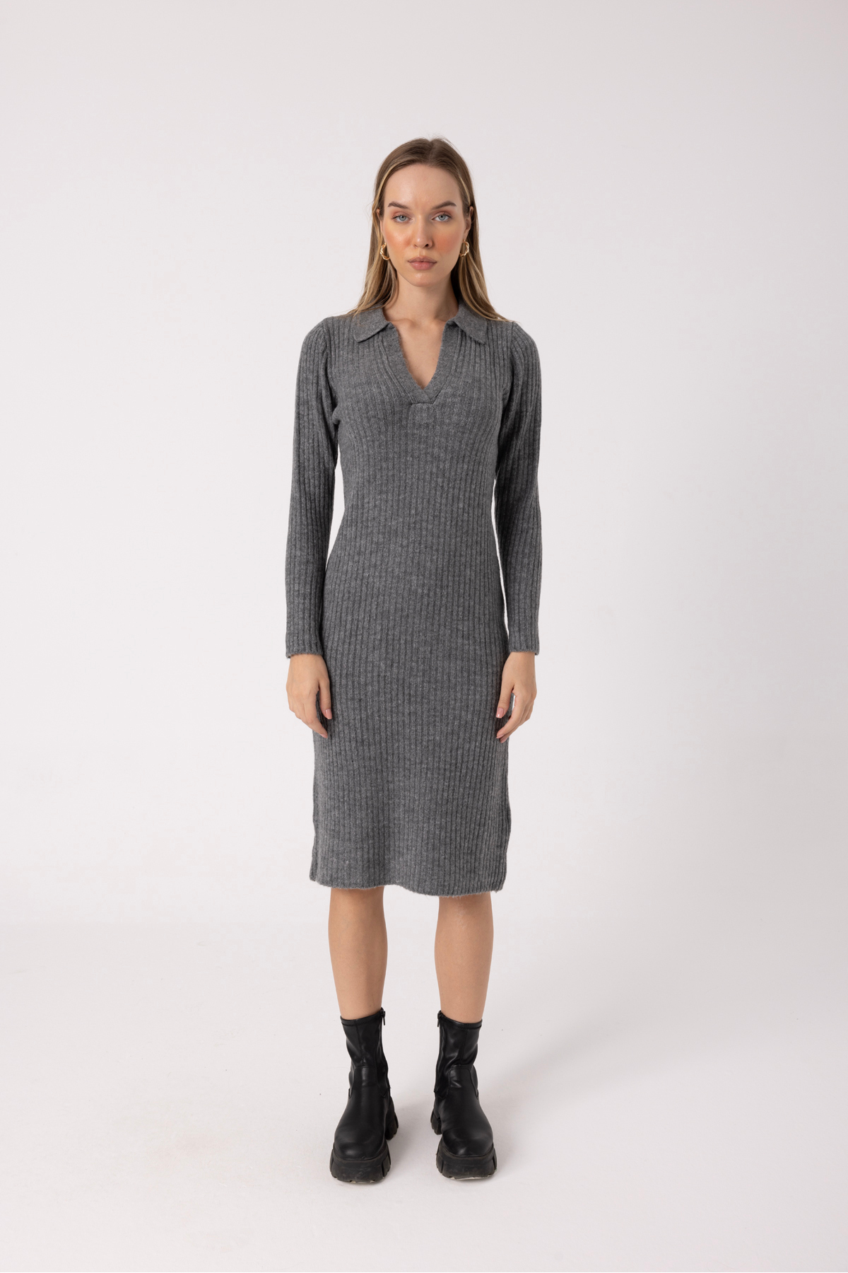 Picture of V-Neck Soft Long Sleeve Side-Slit Knit Dress