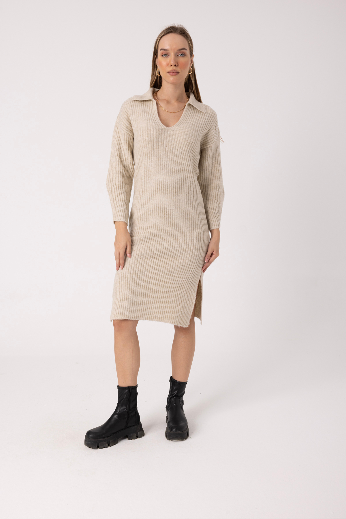 Picture of V-Neck Soft Long Sleeve Side-Slit Knit Dress